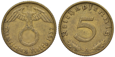 Германия 5 рейхспфеннигов 1937 A KM 91, J. 363 алюминиевая бронза 4121-647