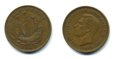 Великобритания 1/2 пенни 1942 Георг VI (1936-1952) KM 844, Spink 4115 бронза 41-841
