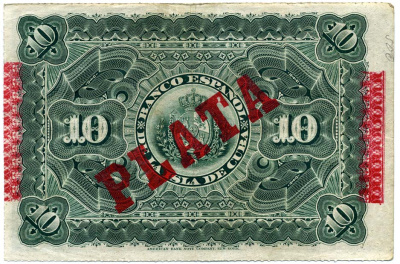 Куба 10 песо 1896 Испанская Администрация, надпечатка PLATA Pick 49 d бумага 451-8-1