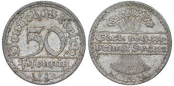 Германия 50 пфеннигов 1920 A KM 27, J. 301 алюминий 4163-416