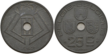 Бельгия 25 сантимов 1942 Belgie - Belgique, Леопольд III (1934-1947), германская оккупация, Вторая мировая война KM 132 цинк 4157-531