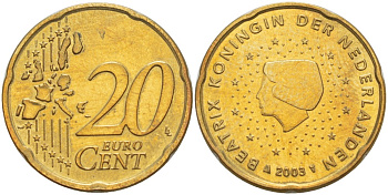 Нидерланды 20 евроцентов 2003 Беатрикс (1980-2013) KM 238 латунь 4543-225