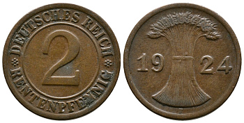 ГЕРМАНИЯ 2 РЕНТЕНПФЕННИГА 1924 F KM 31, J.307 бронза 86-1437