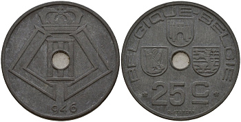 Бельгия 25 сантимов 1946 Belgique - Belgie, Леопольд III (1934-1947), германская оккупация, Вторая мировая война KM 131 цинк 4157-521