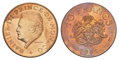 Монако 10 франков 1981 Ренье III KM 154 медь алюминий никель UNC 4637-231