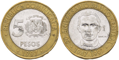Доминиканская республика 5 песо 1997 50 лет центральному банку KM 88 биметалл 4541-1051