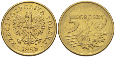 ПОЛЬША 5 ГРОШЕЙ 1993 MW KM 278 латунь 112-1164