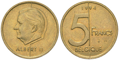 Бельгия 5 франков 1994 Belgique, Альберт II (1994-2013) KM 189 алюминиевая бронза 4616-944