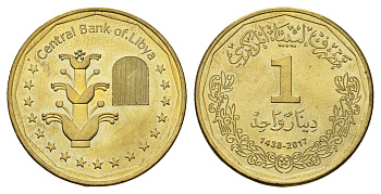 Ливия 1 динар 2017 год-тип KM 36 сталь плакированная латунью UNC 4678-356