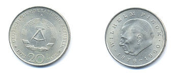 ГДР 20 марок 1972 А, Вильгельм Пик (1876-1960) KM 42 медно-никель 3333-413