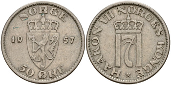 Норвегия 50 эре 1957 Хокон VII (1905-1957) KM 402 медно-никель 4152-458