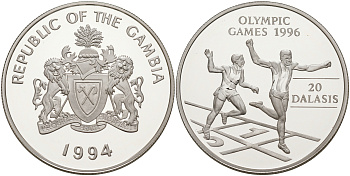 Гамбия 20 даласи 1994 Олимпийские игры 1996 года в Атланте, бег KM 47 серебро PROOF 1074-3-64