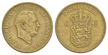 Дания 2 кроны 1949 N, Фредерик IX (1947-1972) KM 838 алюминиевая бронза 4634-532
