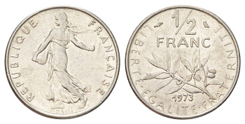 Франция 1/2 франка 1973 KM 931 никель 4625-431