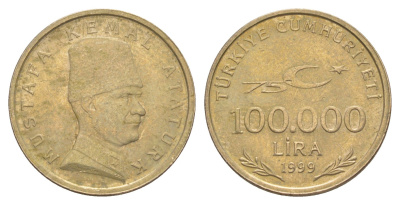 Турция 100000 лир 1999 Кемаль Ататюрк KM 1078 медь цинк никель 4648-927