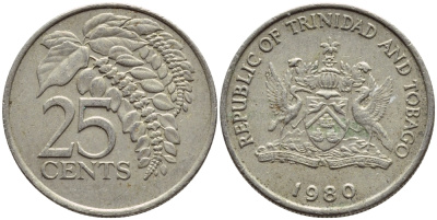 Тринидад и Тобаго 25 центов 1980 цветок дикая пуансеттия KM 32 медно-никель 4396-748