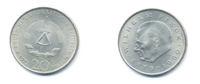 ГДР 20 марок 1972 А, Вильгельм Пик (1876-1960) KM 42 медно-никель 3333-413