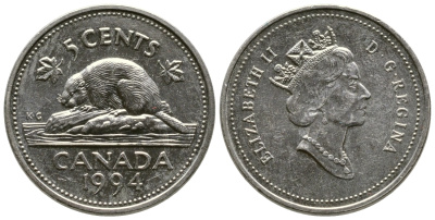 КАНАДА 5 ЦЕНТОВ 1994 ЕЛИЗАВЕТА II, БОБЕР KM 182 медно-никель 4364-2646