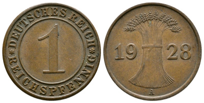 ГЕРМАНИЯ 1 РЕЙХСПФЕННИГ 1928 A KM 37, J.313 бронза 4380-1144