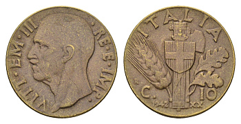 Италия 10 чентезимо 1942 R, Виктор Эммануил III (1900-1946) KM 74a алюминиевая бронза 3996-954