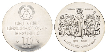 ГДР 10 марок 1983 A, 100 лет со дня смерти Рихарда Вагнера KM 92 серебро  UNC  1099-2-72
