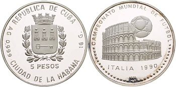 Куба 5 песо 1989 чемпионат мира по футболу в Италии 1990 года, Колизей KM 226.1 серебро PROOF 1066-2-45