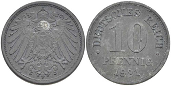 ГЕРМАНИЯ 10 ПФЕННИГОВ 1921 (1917-1922) KM 26, J. 299, Weege 8 цинк 210-314