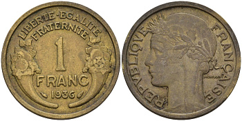 Франция 1 франк 1936 KM 885, Le Franc 219.2 алюминиевая бронза 4142-826