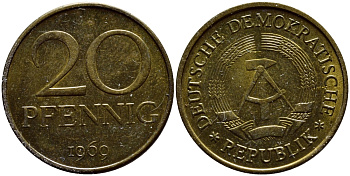 ГДР 20 пфеннигов 1969 А, первый год KM 11 латунь UNC 4397-155
