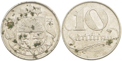 Латвия 10 сантимов 1922 первая Республика (1918-1939) KM 4 никель 3718-245