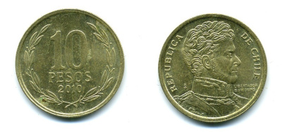 ЧИЛИ 10 ПЕСО 2010 ГЕНЕРАЛ БЕРНАРДО О ХИГГИНС KM 228.2 никель-бронза 37-822