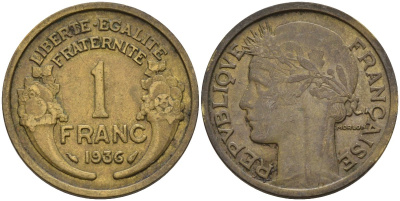 Франция 1 франк 1936 KM 885, Le Franc 219.2 алюминиевая бронза 4142-826
