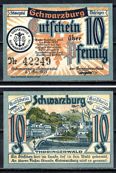 Шварцбург (Тюрингия) 10 пфеннигов 1921 Mehl Grabowski 1208.1-1/2 бумага UNC (пресс) 7556-61-3-1