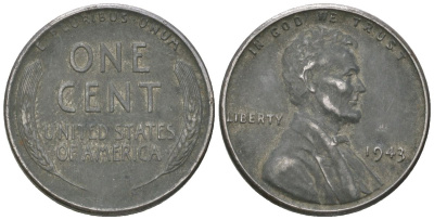 США 1 цент 1943 Авраам Линкольн KM 132 a сталь покрытая цинком 214-569