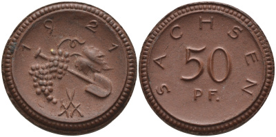 Саксония 50 пфеннигов 1921 виноград и лопата J. N 54 фарфор 1094-5-25