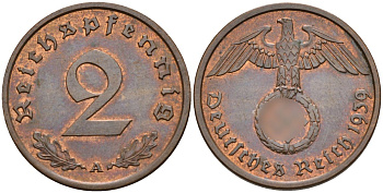 Германия 2 рейхспфеннига 1939 A KM 90, J. 362 бронза 4151-139