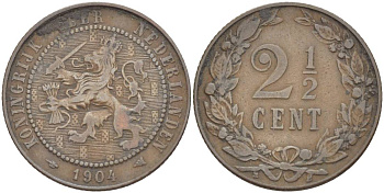 НИДЕРЛАНДЫ 2 1/2 ЦЕНТА 1904 ВИЛЬГЕЛЬМИНА I (1891-1948) KM 134 бронза 219-622