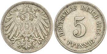 ГЕРМАНИЯ 5 ПФЕННИГОВ 1903 F KM 11, J. 12 медно-никель 105-221
