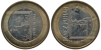 Словения 3 евро 2014 200 лет со дня рождения фотографа Янеза Пухара KM 118 биметалл 107-325