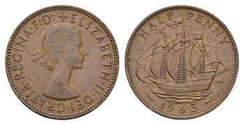 Великобритания 1/2 пенни 1965 Елизавета II (1952-2022) KM 896, Spink 4158 бронза 4675-433