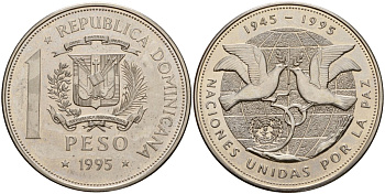 Доминиканская Республика 1 песо 1995 50 лет ООН KM 87 медно-никель UNC 00-00