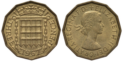 Великобритания 3 пенса 1967 Елизавета II (1952-2022) KM 900, Spink 4153 никель латунь 4538-1145