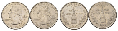 США набор обоих монетных дворов 25 центов (квотер, 1/4 доллара) 2000 D и P, Квотер штата Мэриленд KM 306 медь плакированный медно-никелем UNC 4628-1126-1127