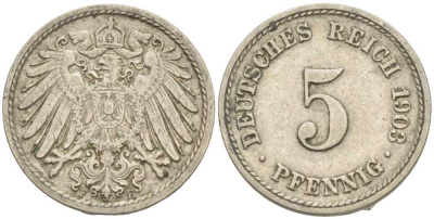 ГЕРМАНИЯ 5 ПФЕННИГОВ 1903 F KM 11, J. 12 медно-никель 105-221