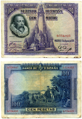 Испания 100 песет 1928 Мигель де Сервантес Сааведра, памятник Сервантесу, картина Дон Кихот Pick 76 а бумага 8603-15-3-2