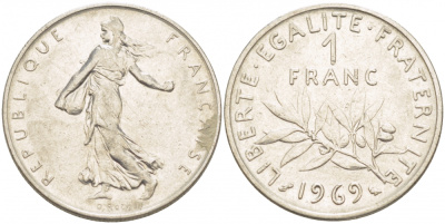 ФРАНЦИЯ 1 ФРАНК 1969 СЕЯТЕЛЬ KM 925.1 никель 4402-1121