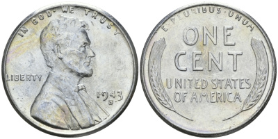 США 1 цент 1943 S (Сан-Франциско), Авраам Линкольн KM 132 a сталь плакированная цинком 96-1154