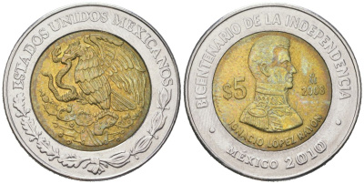 Мексика 5 песо 2008 Mo, 200 лет независимости - Игнасио Лопес Район KM 894 биметалл 186-815