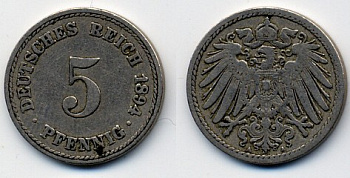 ГЕРМАНИЯ 5 ПФЕННИГОВ 1894 A, KM 11, J. 12 медно-никель 51-5257