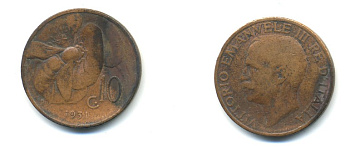 ИТАЛИЯ 10 ЧЕНТЕЗИМО 1931 R, ВИКТОРИО ИМАНУИЛ, ПЧЕЛА KM 60 медь 80-1222